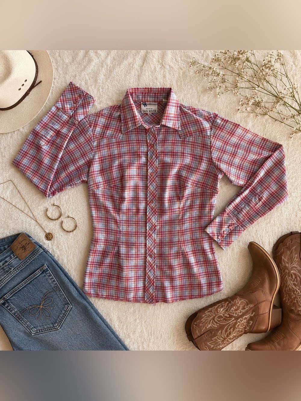 Vintage Dan River Western Pearl Snap Plaid Shirt Women’s Size 10 Pink Blue